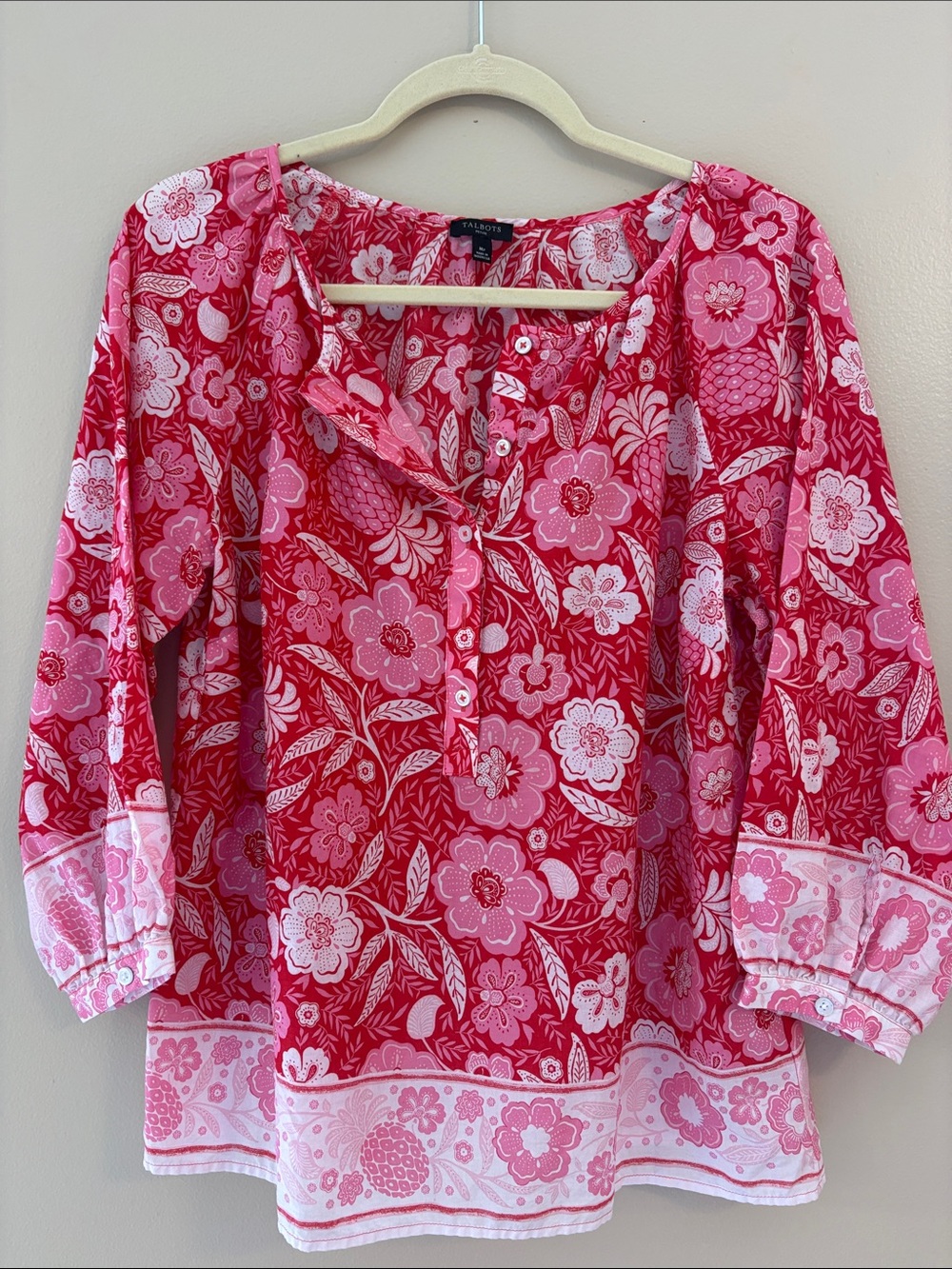 Talbots Petite MP Pink Red Floral Pineapple Tunic Blouse 3/4 Sleeve